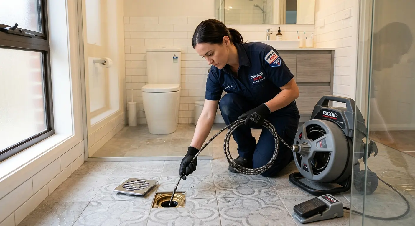Technician clearing a bathroom floor drain for Sewer Line Installation in Bath